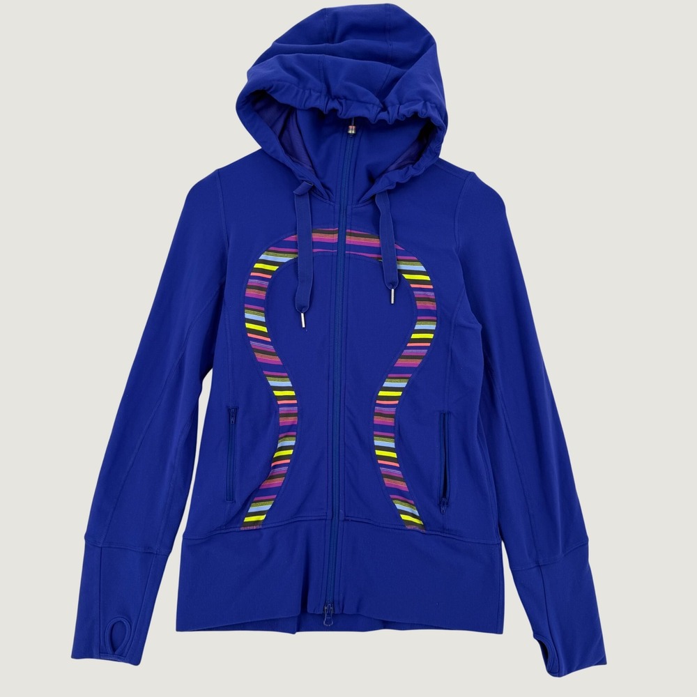 Lululemon Hoodie Womens Size 6 Scuba Blue Full Zip Striped Logo Jacket Rare Y2K
